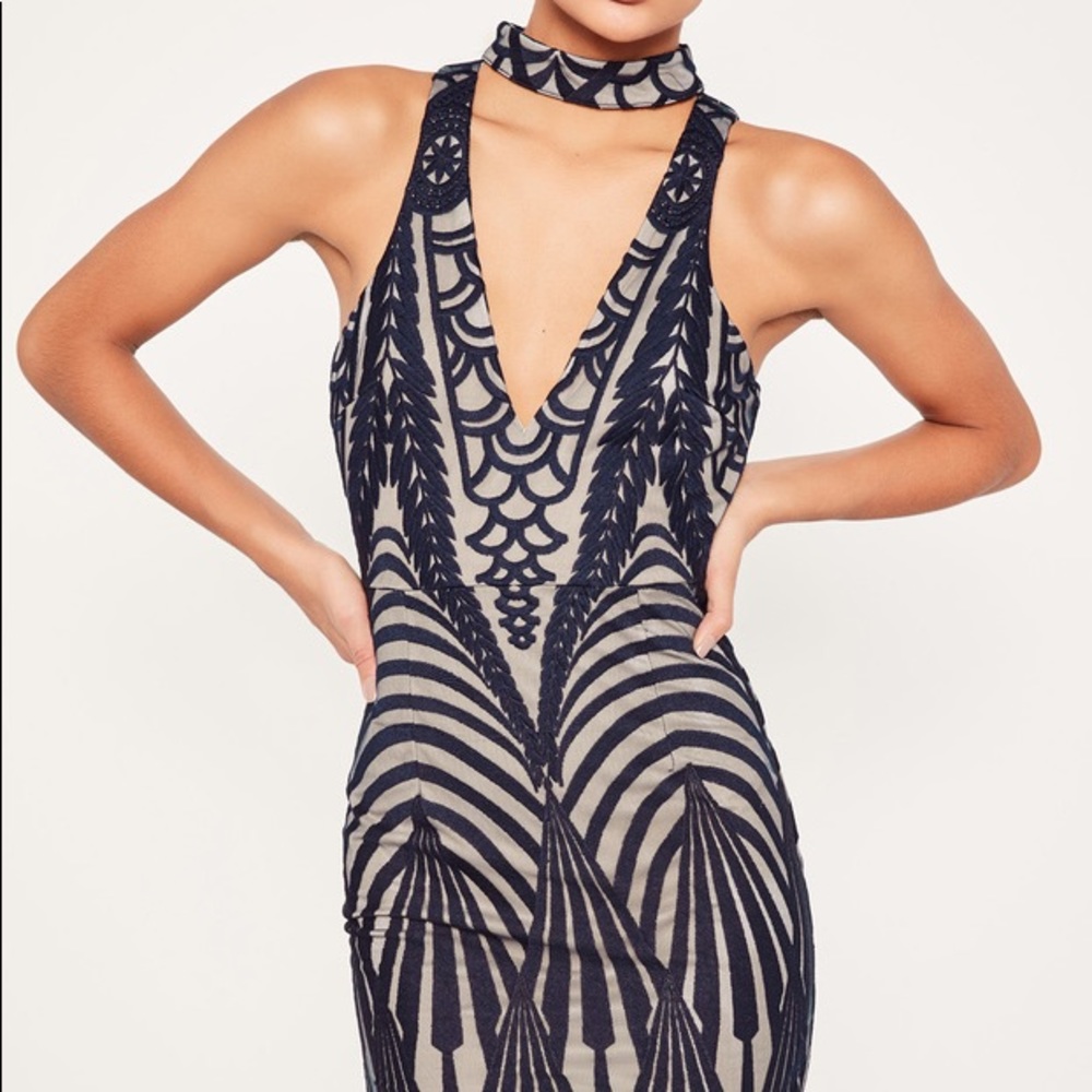 Missguided Navy Lace Choker Neck Bodycon Dress - Picture 1 of 9